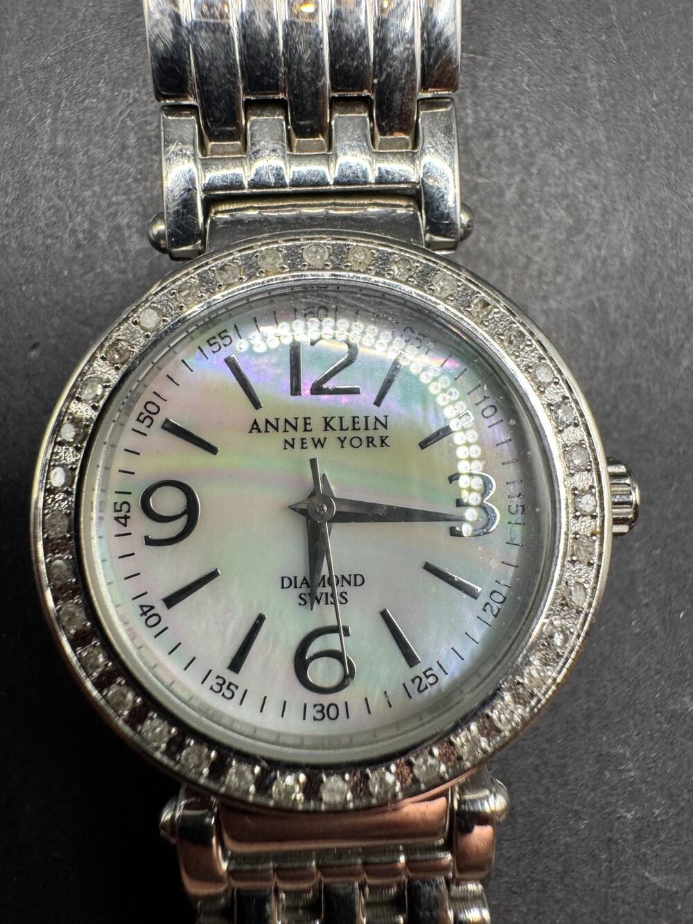 Anne Klein New York Diamond Swiss Watch Ladies 763S 28.5mm 5 3/4" Silver Tone